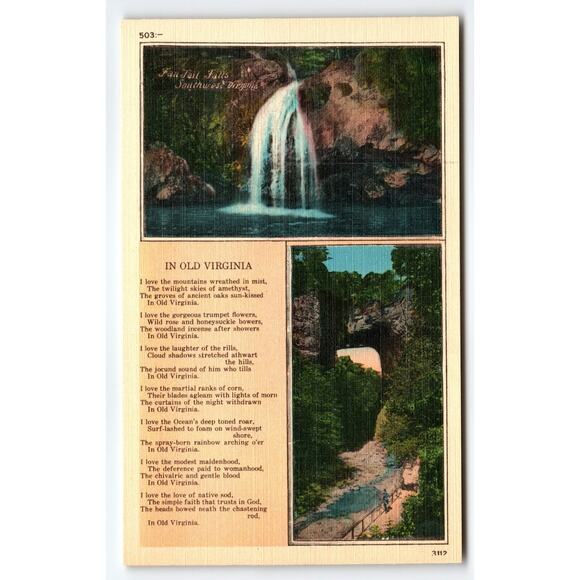 Vintage Linen Postcard Fair Toll Falls Southwest Virginia 1930s Scenic - Picture 1 of 2